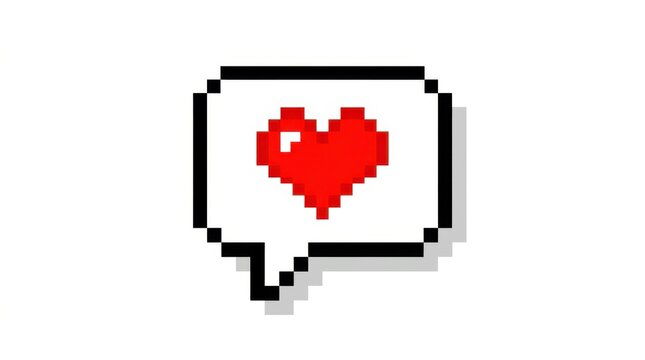 Pixelated heart icon within a speech bubble frame is displayed on a white background 8bit affection alert application cartoon