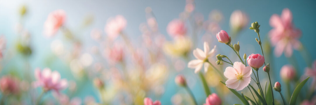 Wide banner poster spring wallpaper copy space for text on blur bloom blossom flowers AI Generative