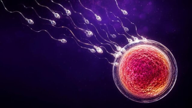3D human sperm cell swim toward a large egg cell on a purple background. IVF fertilization illustrates female reproductive health, conception, infertility treatment, embryology and pregnancy research.