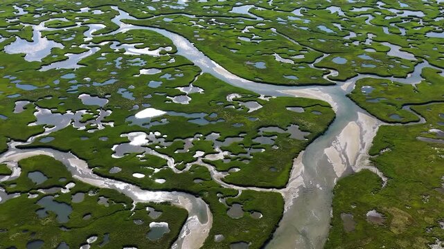 A myriad of channels meander through an extensive, sunlit salt marsh on the coast of Cape Cod, MA. Marshes provide critical habitat for many birds, fish, and invertebrates to feed, mate, and nest.
