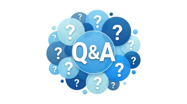 A collection of blue question mark bubbles surrounds the letters q and a on a white background circular communication