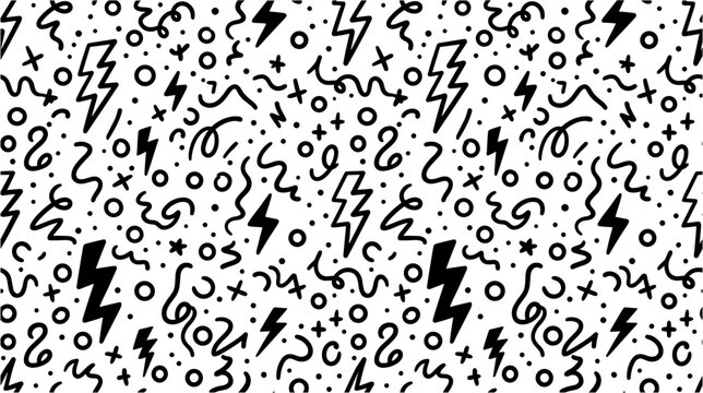 Black and white doodle pattern with lightning bolts, circles, crosses, and wavy lines on a white background