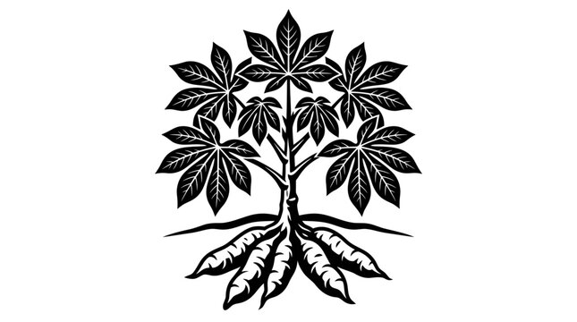 Black and white illustration of a stylized cassava plant showing its distinctive leaves and tuberous roots emerging from the ground.