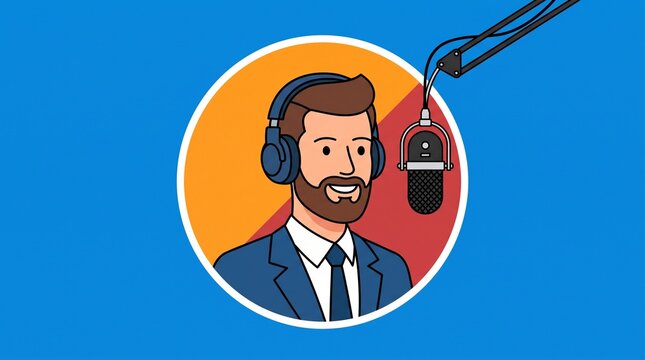 Flat vector illustration of a male podcaster wearing headphones and speaking into a microphone.