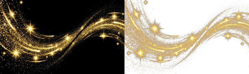 Sparkling golden glitter wave trail with glowing star flares and magic dust. Ideal overlay element for festive holiday designs and luxury decor. PNG on transparent background. © Kyrylo