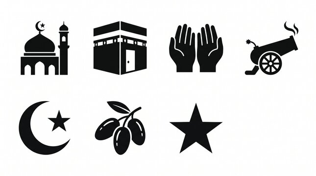 Black vector icons representing Islamic culture and Ramadan, including a mosque, Kaaba, praying hands, cannon, crescent star, dates, and star.