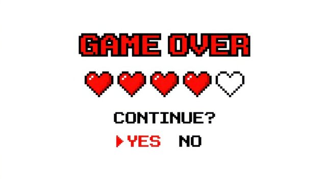Pixelated game over screen with hearts and yes no options on a white background pixelart retrogaming videogame gamification eightbit