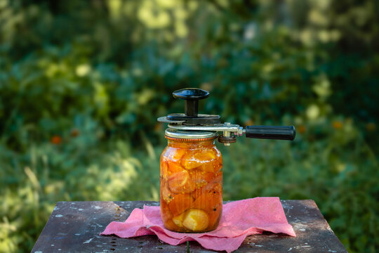 A jar filled with canned tomatoes is placed on a wooden table covered with a pink tablecloth. In the background, greenery and sunlight filtering through the trees are visible, indicating a warm day