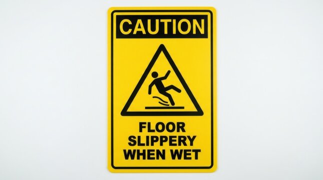 A yellow caution sign warns of a slippery floor with a falling figure illustration warning signage hazard safety alert