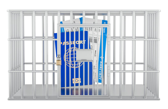 Passport and airline tickets locked in jail cell, travel restriction concept. 3D rendering