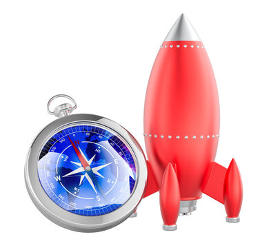 Rocket and compass, business direction and strategic growth concept. 3D rendering