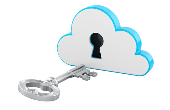 Secure cloud access and data protection concept. Key and cloud with keyhole. 3D rendering