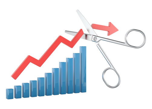 Scissors cutting rising arrow above growth chart, business reduction concept. 3D rendering