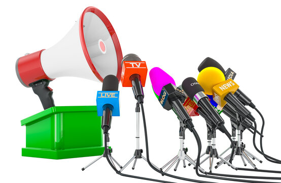 Megaphone and media microphones at podium, press conference and public statement. 3D rendering