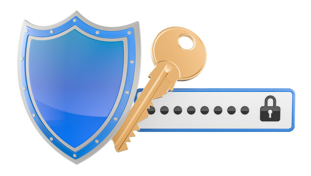 Shield, key and password field, password security and secure access concept. 3D rendering