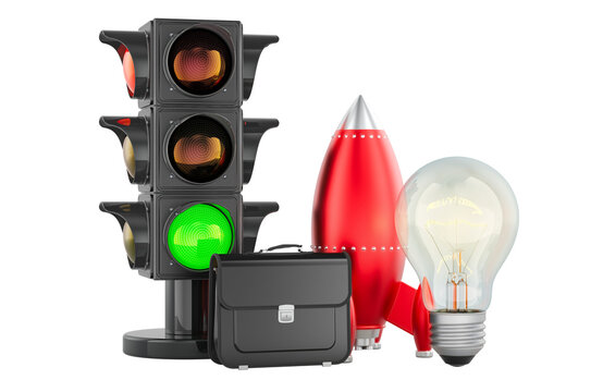 Green traffic light with rocket, briefcase and bulb, project launch concept. 3D rendering
