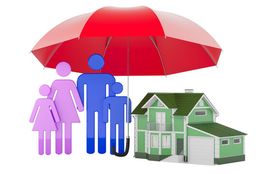 Family and house under umbrella, home and family insurance protection concept. 3D rendering