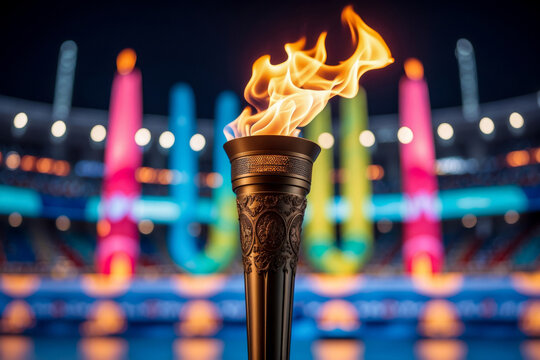 Symbol Olympics sports games ceremony, athlete holds burning torch with Olympic flame AI Generative