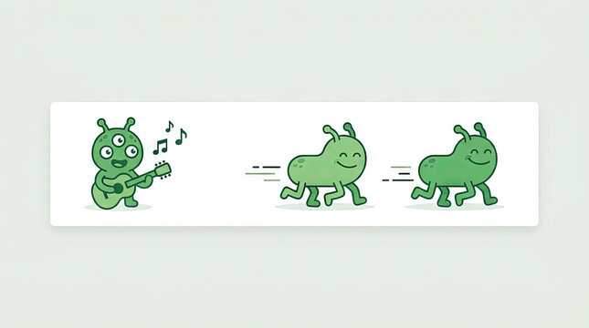 Three green alien characters playing guitar and running.