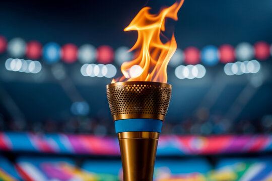 Symbol Olympics sports games ceremony, athlete holds burning torch with Olympic flame AI Generative