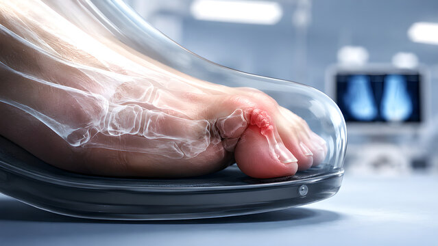Hammer Toe Foot Radiology Concept With Pressure Point, Photorealistic Medical Imaging of Bent Toe Joint in Clinical Setting for Healthcare, Radiology, Medical Education and Patient Education