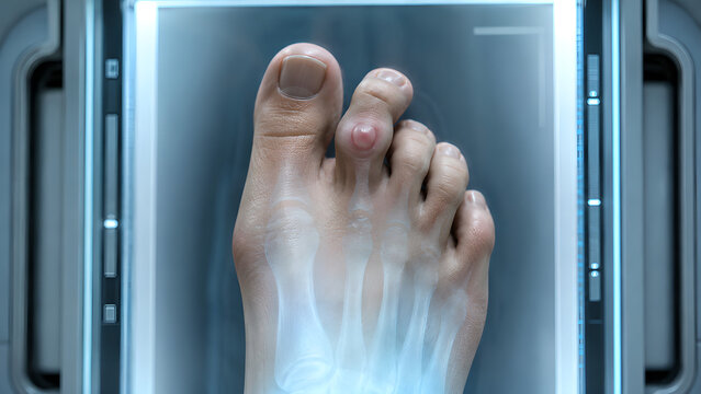 Hammer Toe Foot Radiology Concept With Pressure Point, Photorealistic Medical Imaging of Bent Toe Joint in Clinical Setting for Healthcare, Radiology, Medical Education and Patient Education