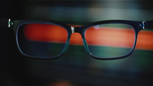 Subjective view through eyeglasses reveals blurred computer monitors and glowing code in the background, creating an immersive perspective of software development, debugging, programming.