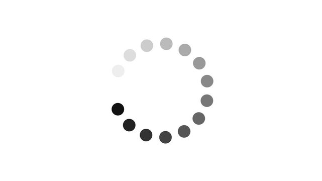 Minimalist dotted circular loading spinner animation with rotating grey and black progress dots isolated on white background for UI visual interface