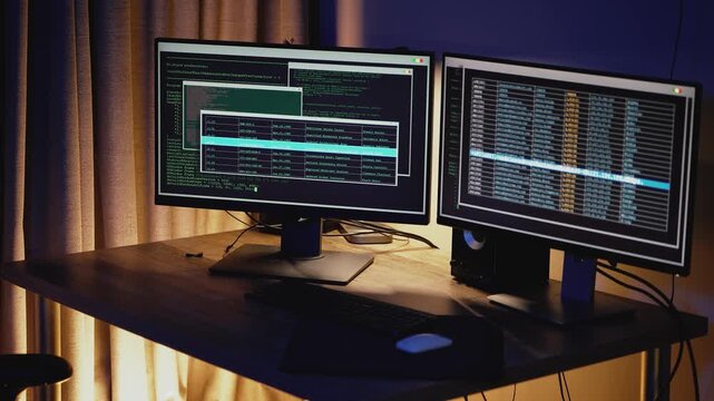 Contemporary computer workstation displays lines of software code across multiple screens, capturing the atmosphere of intensive development, freelance technology work, digital creativity, innovation.