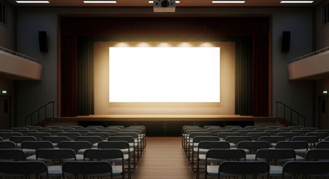 An empty movie theater or auditorium with a brightly lit blank screen on the stage and rows of dark seats.