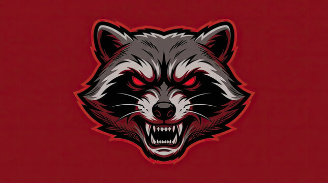 Aggressive raccoon head mascot on red background.