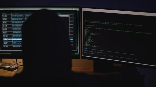 Mysterious male coder illuminated by a computer screen in a dark environment, creating a tense atmosphere associated with hacking, cybercrime, stolen information, digital espionage, and online fraud.