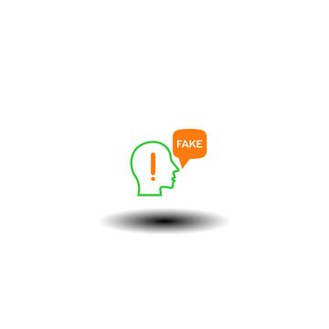 Vector illustration of head with exclamation mark and speech bubble with fake word. Symbol of defamation.