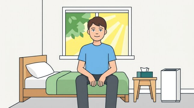 Character in a clean, minimalist bedroom, looking refreshed and calm, eyes bright, simple geometric window with sunlight, feeling of relief from aller