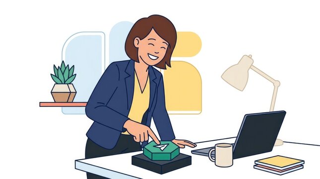 Character pressing a large geometric button to send an email campaign, satisfied expression, modern workspace environment, bright and professional moo