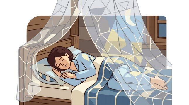 Character sleeping peacefully under a sheer geometric mosquito net at a dacha, moonlight filtering through, calm expression, cozy bedroom environment