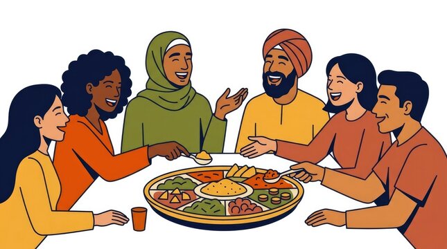 Group of diverse people at a community gathering, sharing a large traditional dish, laughing and interacting, warm lighting, sense of diaspora communi