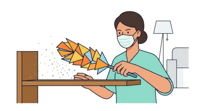 Person dusting a wooden shelf with a geometric feather duster, tiny dust particles as dots, wearing a light protective mask, focused expression, brigh