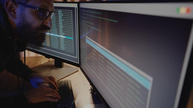 Bearded IT specialist analyzes suspicious activity on a computer late at night, illustrating cyber defense, digital surveillance, network vulnerability, data security, and protection against attacks.