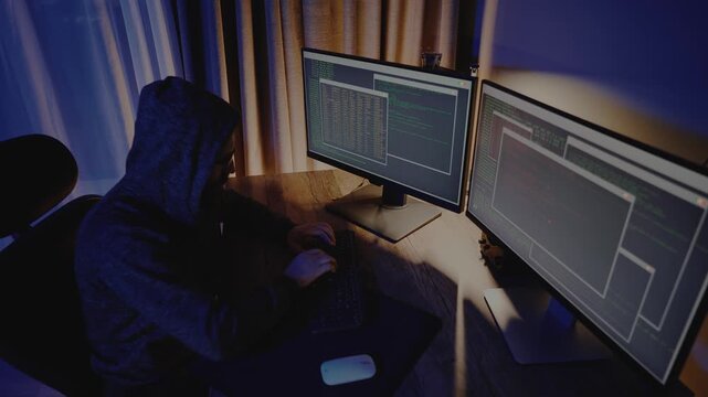 Shadowy figure works behind glowing displays in a secluded workspace, creating a tense visual of digital intrusion, compromised systems, online crime, unauthorized access, and modern inform security.