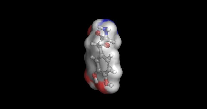 Levodopa, dopamine precursor medication for Parkinson's disease movement control, 3D molecule spinning, 4K