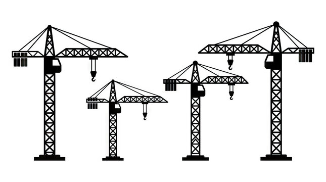 Industrial construction crane silhouettes on white background.