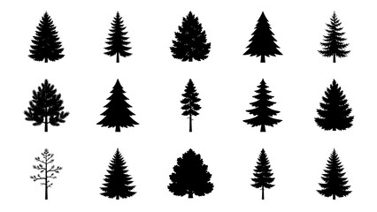 Fototapeta premium Collection of black silhouette evergreen trees on a white background