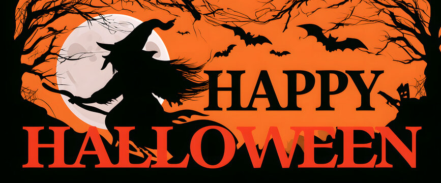 A Halloween banner in horizontal format features a vector logo. Inscribed within it are ominous tree branches, bats, and a whimsical witch against the backdrop of a full moon.