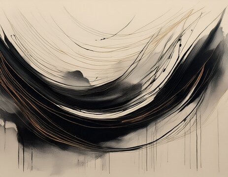 minimalist monochromatic ink texture with black brushstrokes on warm white handmade paper generative ai