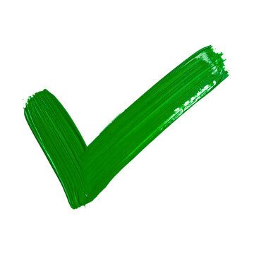 Bold green checkmark symbol created with thick paint brush strokes, showing a vibrant artistic texture, presented as a clear cutout graphic element  for easy usage.