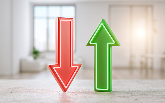Glowing Neon Arrows Pointing Up and Down Symbolizing Market Trends and Financial Fluctuations
