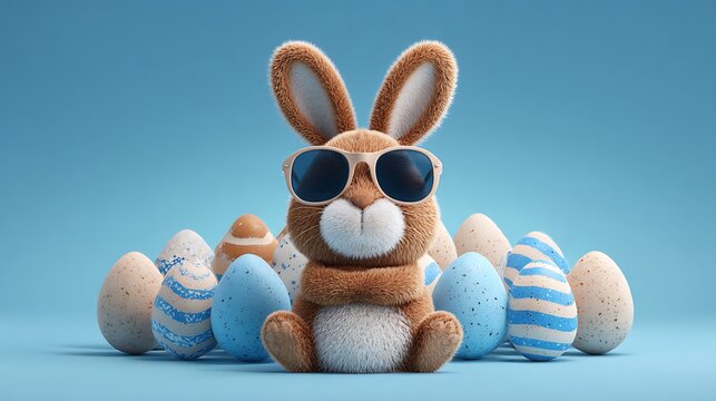 Three brown bunnies wearing sunglasses sitting on blue background bunny rabbit