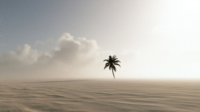 Solitary Palm Tree in Vast Desert Landscape with Mist