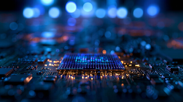 Glowing Central Processor Microchip on Futuristic Circuit Board